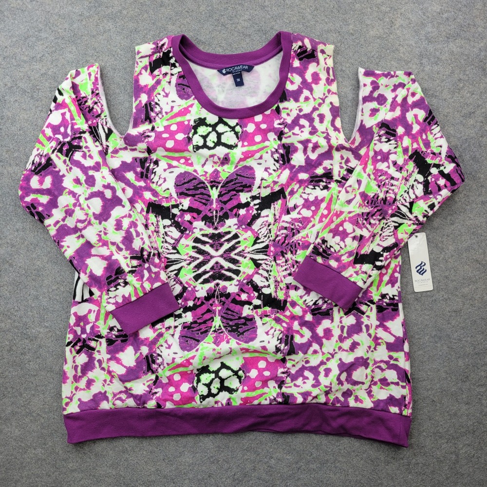 Rocawear Classic Womens 3X Cold Shoulder Sweatshirt Purple Lime Abstract Print